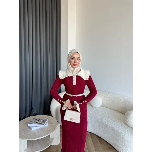 Lizge Yaka Detaylı Triko Elbise - Bordo