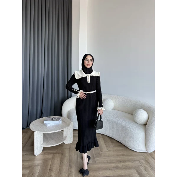 Lizge Yaka Detaylı Triko Elbise - Siyah