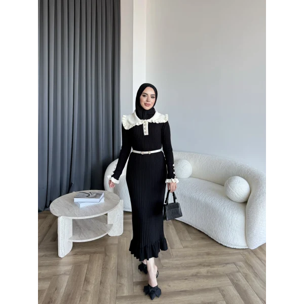 Lizge Yaka Detaylı Triko Elbise - Siyah