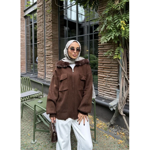 Loris Kürk Detaylı Triko Kap - Acı Kahve