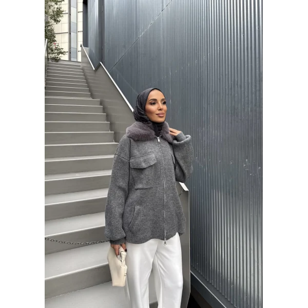 Loris Kürk Detaylı Triko Kap - Gri