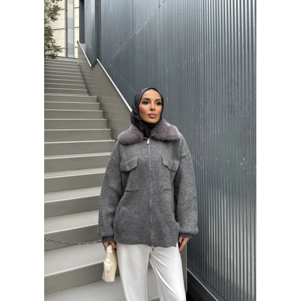 Loris Kürk Detaylı Triko Kap - Gri