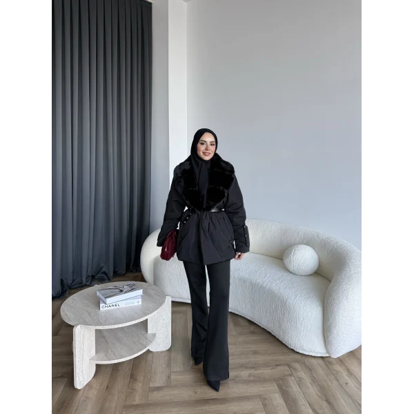 Marlo Kürk Detaylı Mont - Siyah