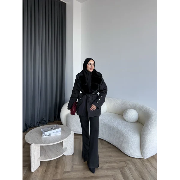 Marlo Kürk Detaylı Mont - Siyah