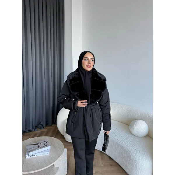 Marlo Kürk Detaylı Mont - Siyah