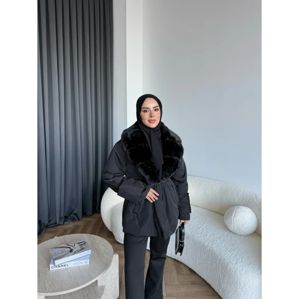 Marlo Kürk Detaylı Mont - Siyah