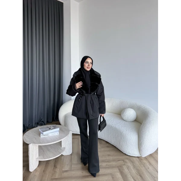 Marlo Kürk Detaylı Mont - Siyah