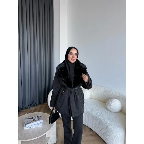 Marlo Kürk Detaylı Mont - Siyah