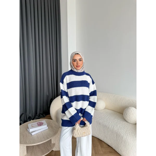 Mb-Eso Çizgili Triko Kazak - Mavi