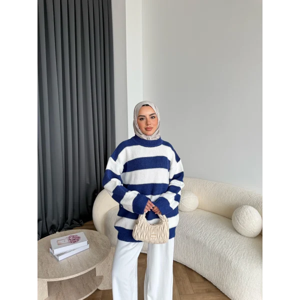 Mb-Eso Çizgili Triko Kazak - Mavi