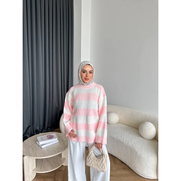 Mb-Eso Çizgili Triko Kazak - Pudra