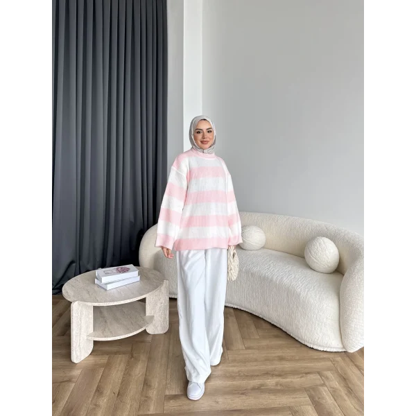 Mb-Eso Çizgili Triko Kazak - Pudra