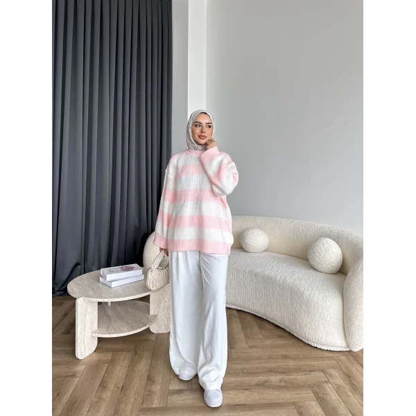 Mb-Eso Çizgili Triko Kazak - Pudra