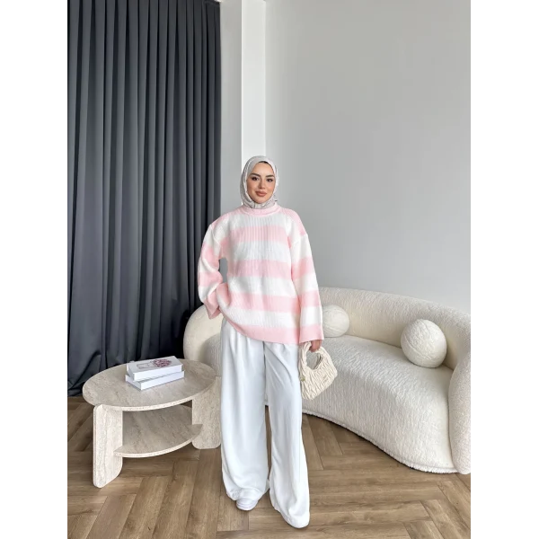 Mb-Eso Çizgili Triko Kazak - Pudra