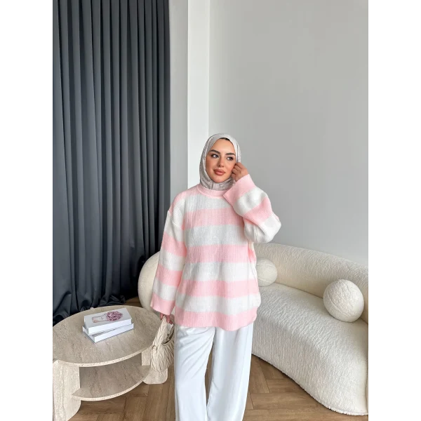 Mb-Eso Çizgili Triko Kazak - Pudra