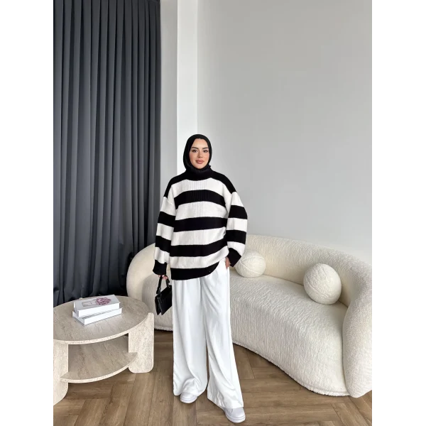 Mb-Eso Çizgili Triko Kazak - Siyah