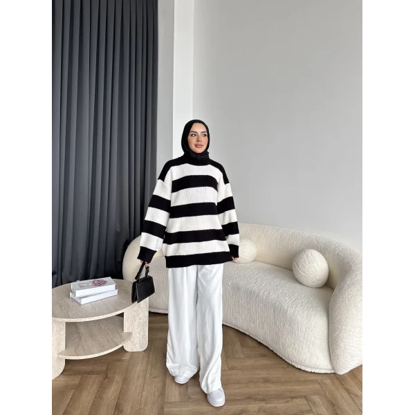 Mb-Eso Çizgili Triko Kazak - Siyah