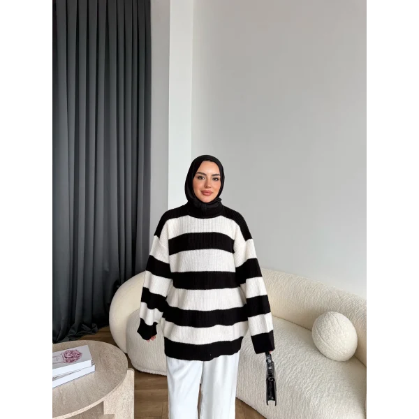 Mb-Eso Çizgili Triko Kazak - Siyah