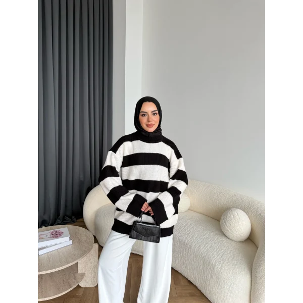 Mb-Eso Çizgili Triko Kazak - Siyah
