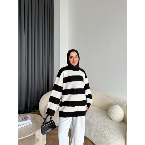 Mb-Eso Çizgili Triko Kazak - Siyah