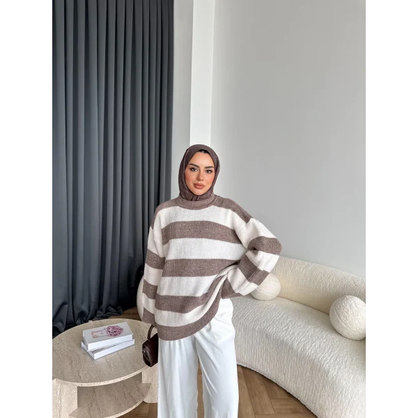 Mb-Eso Çizgili Triko Kazak - Vizon