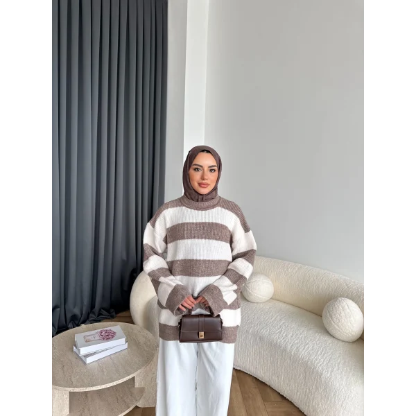 Mb-Eso Çizgili Triko Kazak - Vizon