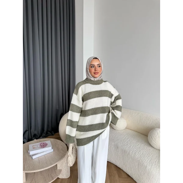 Mb-Eso Çizgili Triko Kazak - Yeşil