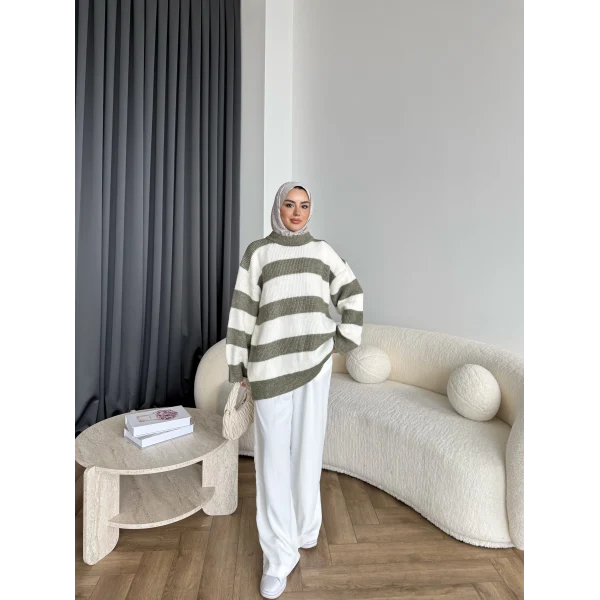 Mb-Eso Çizgili Triko Kazak - Yeşil