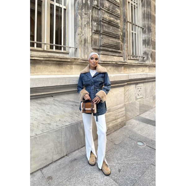 Melen Peluş Detaylı Kot Ceket