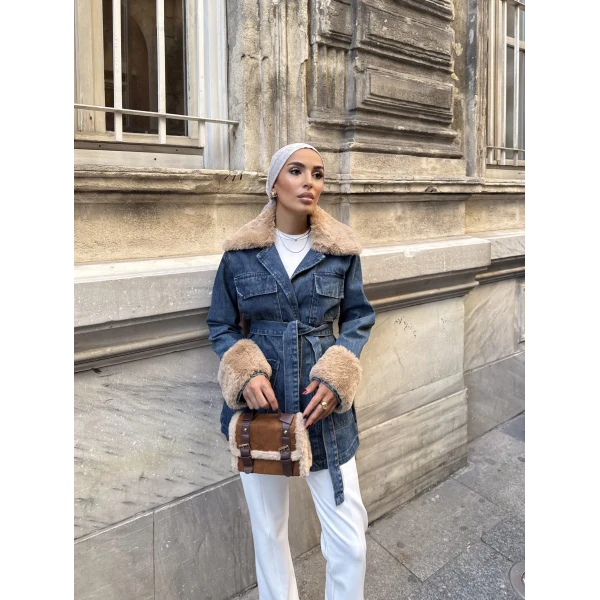 Melen Peluş Detaylı Kot Ceket