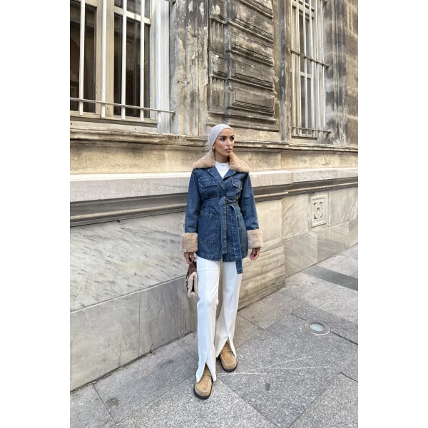 Melen Peluş Detaylı Kot Ceket