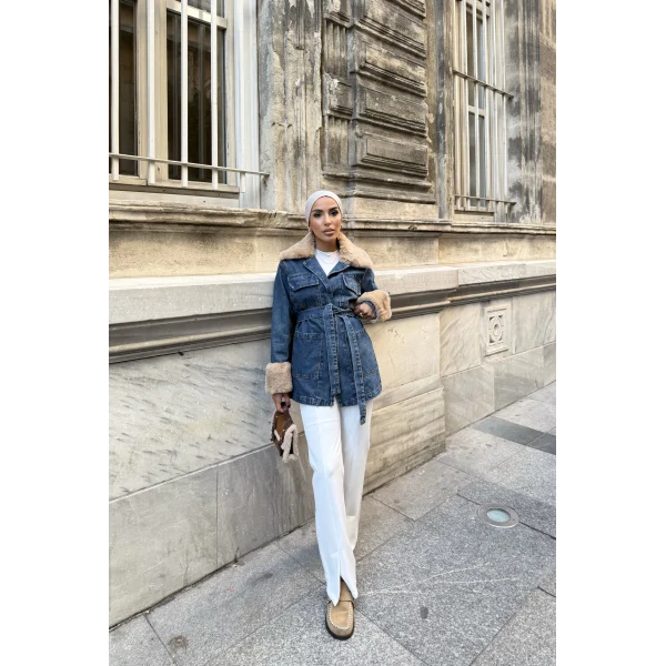 Melen Peluş Detaylı Kot Ceket