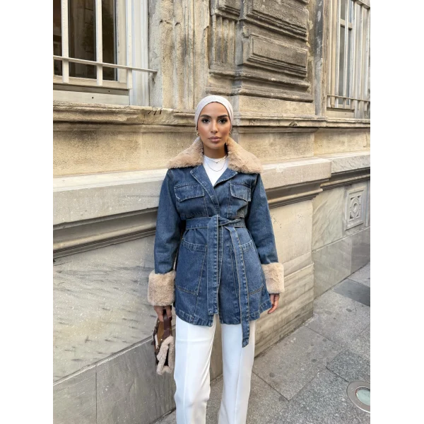 Melen Peluş Detaylı Kot Ceket