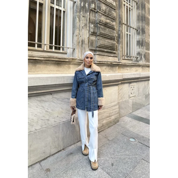 Melen Peluş Detaylı Kot Ceket