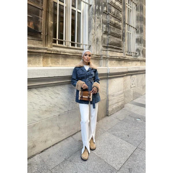 Melen Peluş Detaylı Kot Ceket