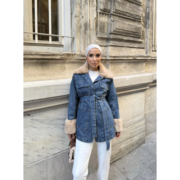 Melen Peluş Detaylı Kot Ceket