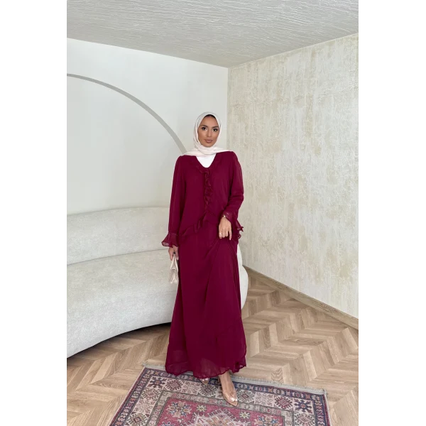 Meslen Şifon Elbise - Bordo