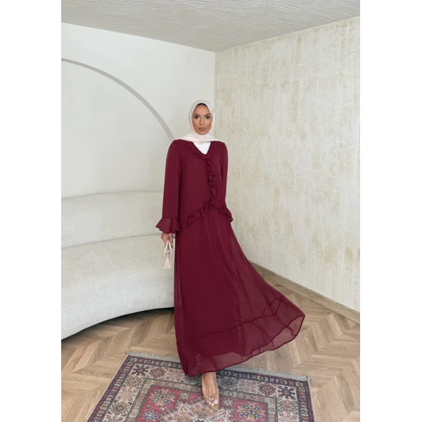 Meslen Şifon Elbise - Bordo