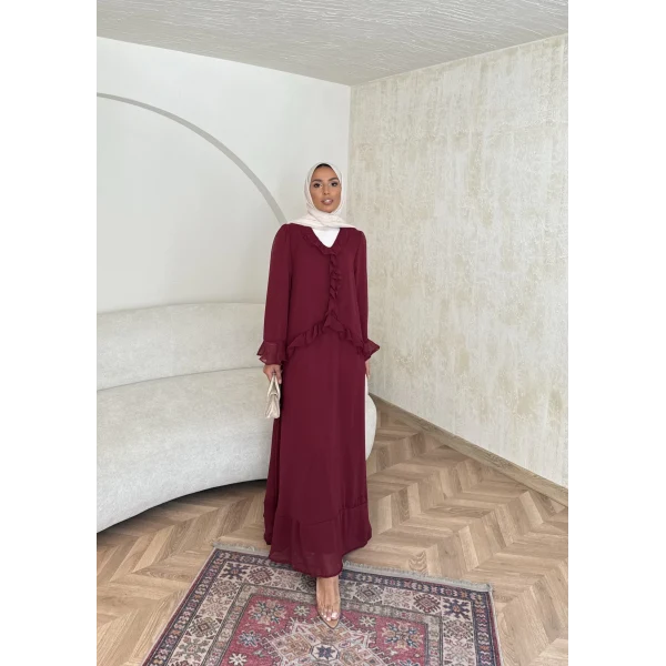 Meslen Şifon Elbise - Bordo