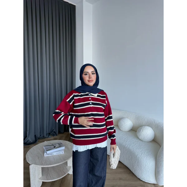 Mirlan Çizgi Detaylı Triko Kazak - Bordo - Lacivert