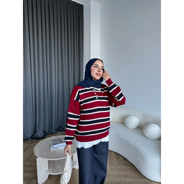 Mirlan Çizgi Detaylı Triko Kazak - Bordo - Lacivert