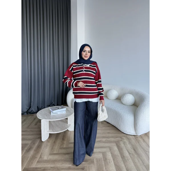 Mirlan Çizgi Detaylı Triko Kazak - Bordo - Lacivert