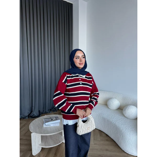 Mirlan Çizgi Detaylı Triko Kazak - Bordo - Lacivert