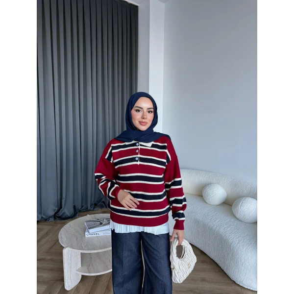 Mirlan Çizgi Detaylı Triko Kazak - Bordo - Lacivert