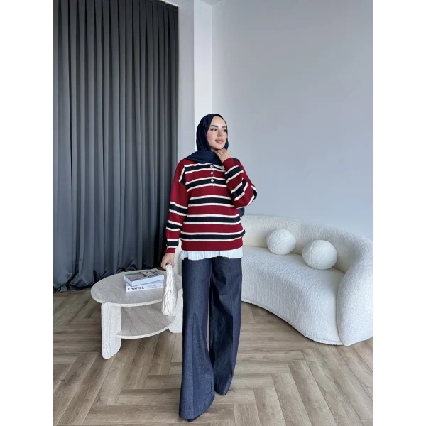 Mirlan Çizgi Detaylı Triko Kazak - Bordo - Lacivert