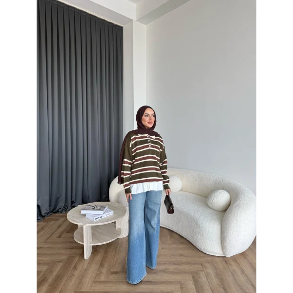 Mirlan Çizgi Detaylı Triko Kazak - Haki