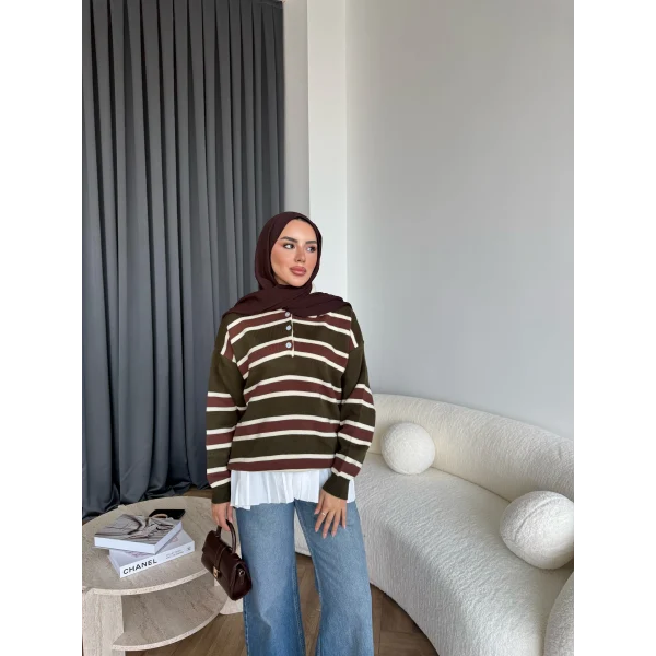 Mirlan Çizgi Detaylı Triko Kazak - Haki