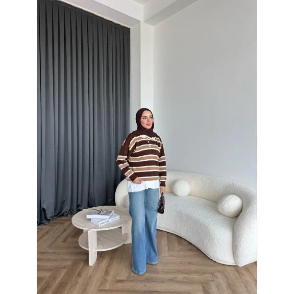 Mirlan Çizgi Detaylı Triko Kazak - Kahve