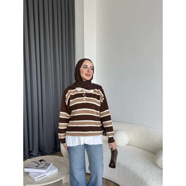 Mirlan Çizgi Detaylı Triko Kazak - Kahve