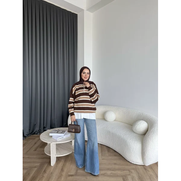 Mirlan Çizgi Detaylı Triko Kazak - Kahve